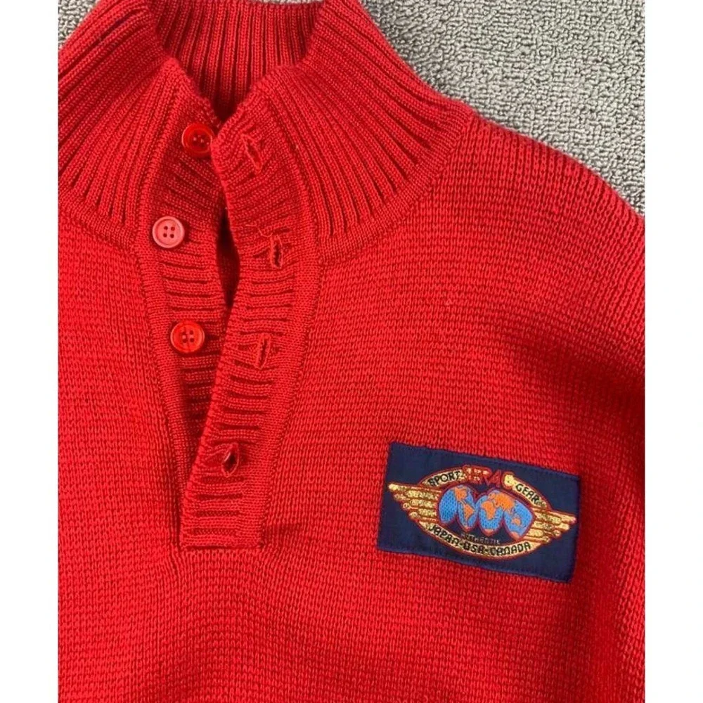 Vintage Serac Apres Ski Sweater Men M Red Globe Patch 80s Retro Hong Kong Made‎